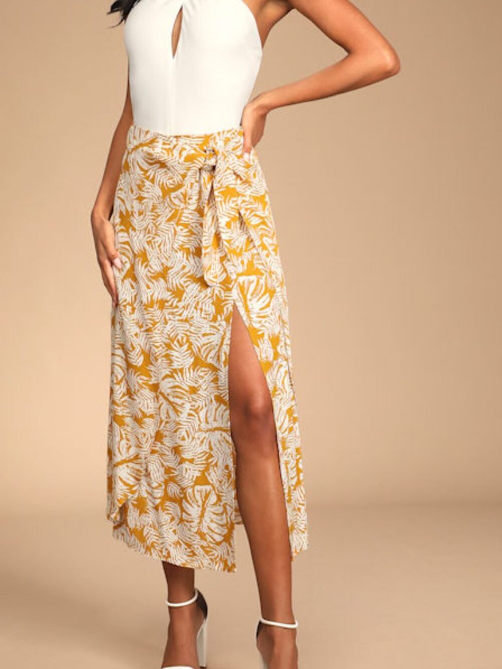 Lulus Ocean Breezes Mustard Yellow Tropical Print Wrap Midi Skirt - Size M